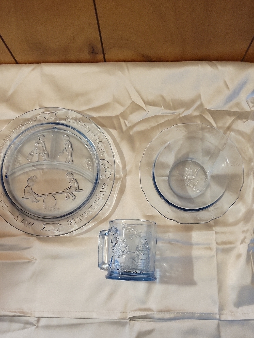 1970's Tiara Blue Glass Kids' Dining Set - Childs Plate, Bowl & Mug